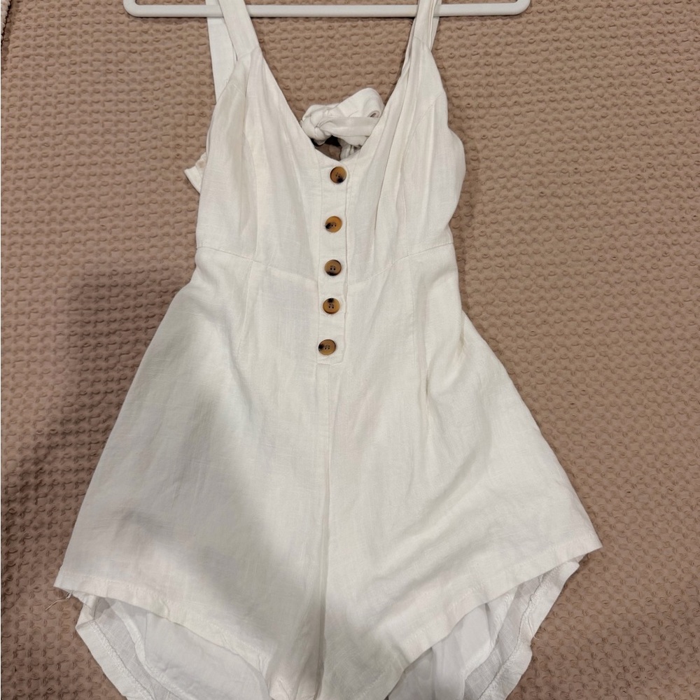 Brandy Melville White Linen-Blend Button Romper